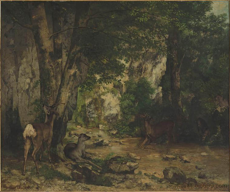 普莱西尔枫丹溪的鹿庇护所 Shelter of Deers at Plaisir Fontaine Creek (1866)，古斯塔夫·库尔贝