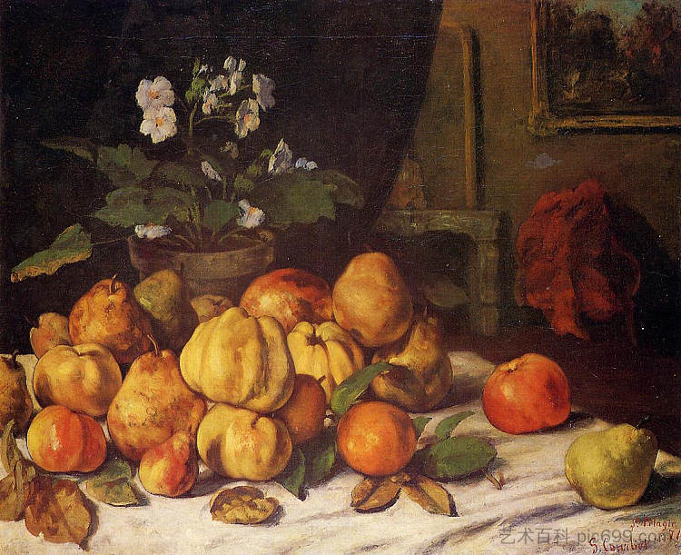 桌子上的静物苹果，梨和鲜花，圣佩拉吉 Still Life Apples, Pears and Flowers on a Table, Saint Pelagie (1871)，古斯塔夫·库尔贝