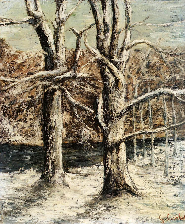 雪中的树林 Woods in the Snow (c.1875)，古斯塔夫·库尔贝