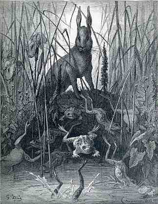 野兔和青蛙 The Hare and the Frogs (c.1868)，古斯塔夫·多尔