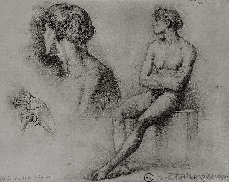 男性裸体和其他研究 Male nude and other studies (1858)，古斯塔夫·莫罗