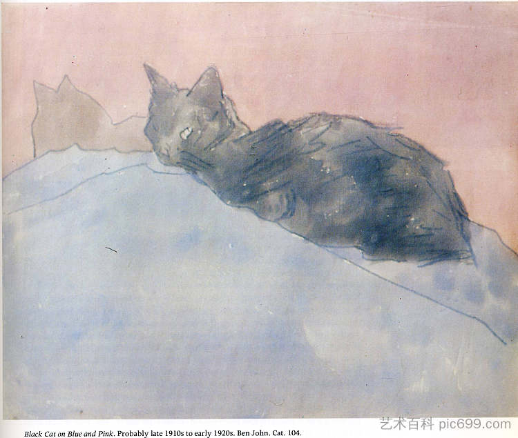 蓝色和粉红色的黑猫 Black Cat on Blue and Pink，格温·约翰