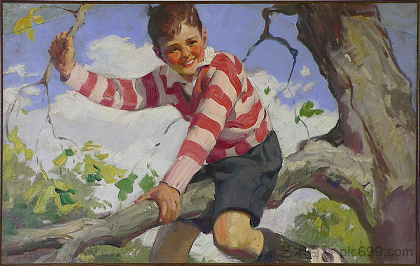 穿着条纹毛衣的男孩坐在树枝上 Boy in Striped Sweater Sits on a Tree Branch (1929)，哈登·桑德布洛姆