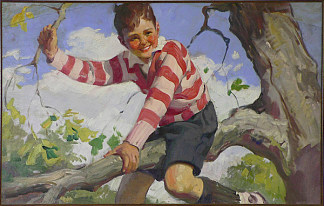 穿着条纹毛衣的男孩坐在树枝上 Boy in Striped Sweater Sits on a Tree Branch (1929)，哈登·桑德布洛姆