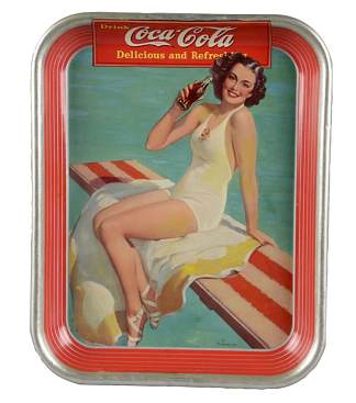 可口可乐跳板女孩锡服务托盘 Coca Cola Springboard Girl Tin Serving Tray (c.1939)，哈登·桑德布洛姆