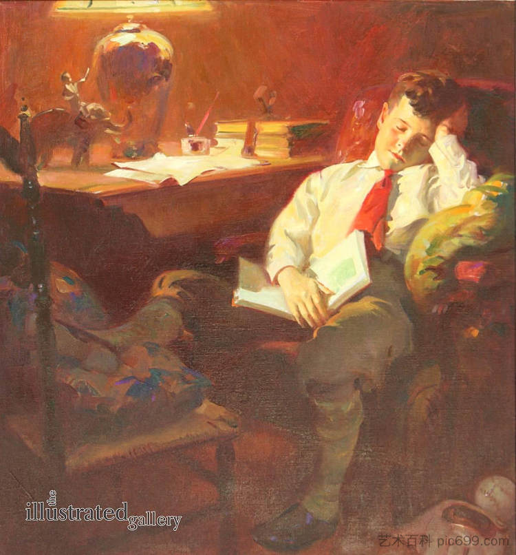 男孩在椅子上睡着了，腿上放着书 Boy Falls Asleep in a Chair With Book in His Lap (1928)，哈登·桑德布洛姆