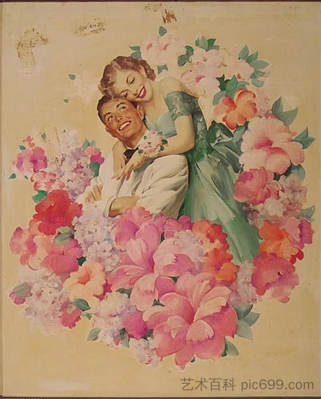 广告：花丛中的情侣，绿色连衣裙的女人 Advertisement: Couple amidst flowers, woman in green dress (1940)，哈登·桑德布洛姆