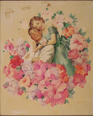 广告：花丛中的情侣，绿色连衣裙的女人 Advertisement: Couple amidst flowers, woman in green dress (1940)，哈登·桑德布洛姆