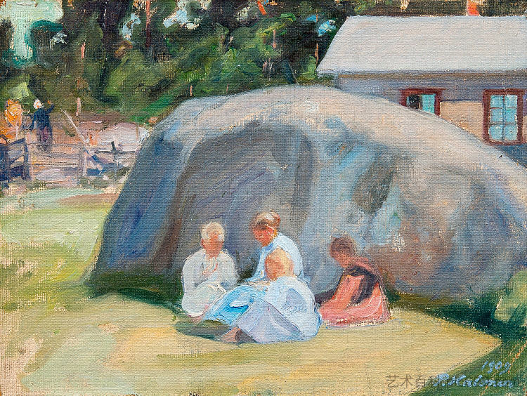 孩子们在院子里玩耍 Children Playing in the Yard (1909)，佩卡·哈洛宁