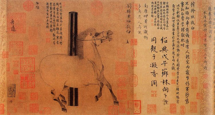 “夜光白”的肖像，玄宗皇帝最喜欢的骏马 Portrait of 'Night-Shining White', a favorite steed of Emperor Xuanzong (c.750)，韩淦