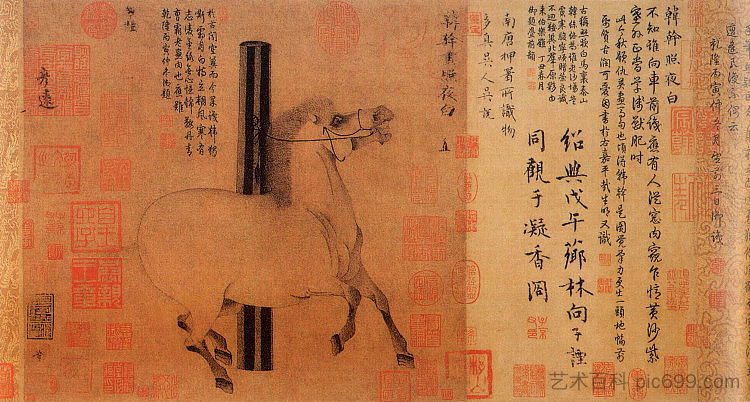 “夜光白”的肖像，玄宗皇帝最喜欢的骏马 Portrait of 'Night-Shining White', a favorite steed of Emperor Xuanzong (c.750)，韩淦