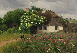 有草甸花的农舍 Bondehus med eng blomster (1909)，汉斯·安徒生·布伦德基尔德