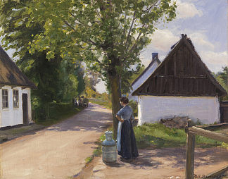 丹麦乡村街道与农民的妻子和送奶工 Dänische Dorfstraße Mit Bäuerin Und Milchmann (c.1880)，汉斯·安徒生·布伦德基尔德