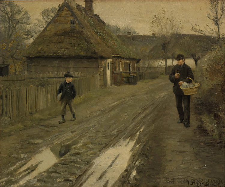 灰蒙蒙的冬日心情的乡村街道 Landsbygade I Grå Vinterstemning (1890),汉斯·安徒生·布伦德基尔德