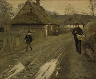 灰蒙蒙的冬日心情的乡村街道 Landsbygade I Grå Vinterstemning (1890)，汉斯·安徒生·布伦德基尔德