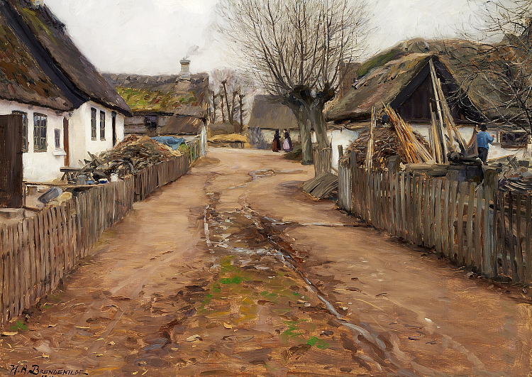 早春的乡村风光。 Village Scene in the Early Spring. (1910)，汉斯·安徒生·布伦德基尔德