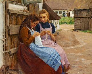 两个做针线活的女孩坐在农场院子里 Two Girls with Needle-work Sitting in a Farm Yard (1902)，汉斯·安徒生·布伦德基尔德