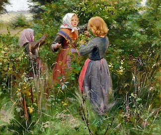 三个小女孩采摘黑莓 Three Little Girls Picking Blackberries (c.1885)，汉斯·安徒生·布伦德基尔德