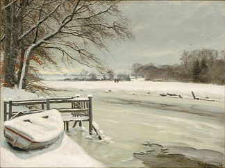 河边的冬日，背景是猎人回家 Vinterdag Ved Åen, I Baggrunden Vender Jægerne Hjem，汉斯·安徒生·布伦德基尔德