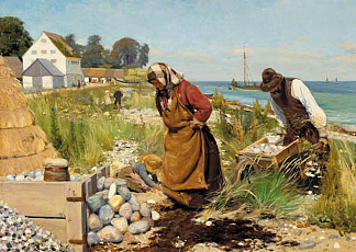 海滩上的切割机。史蒂文斯。 Skærvehuggere Ved Stranden. Stevns. (1885)，汉斯·安徒生·布伦德基尔德