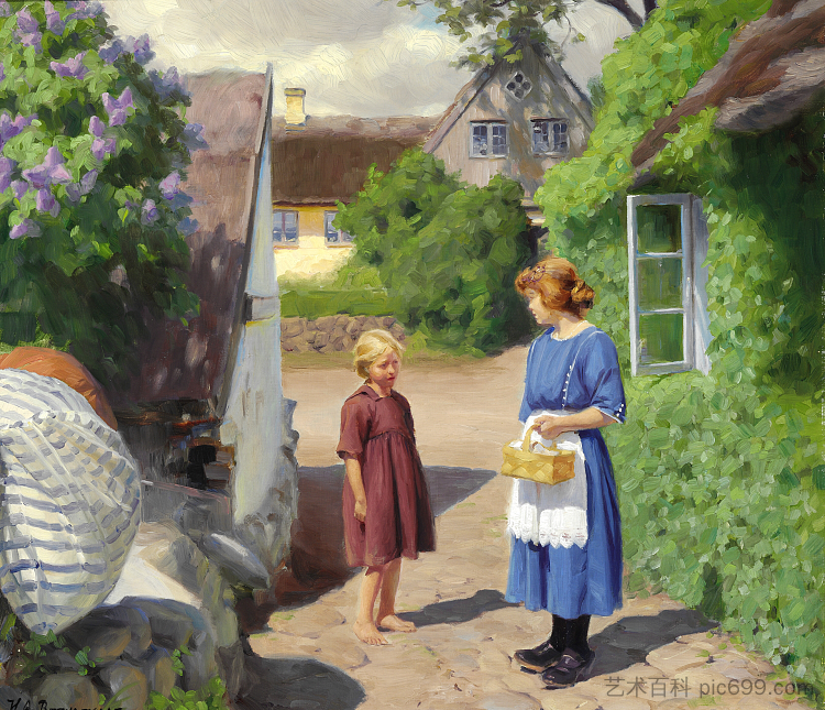 吉林厄的夏日。盛开的丁香花和村街上的小女孩 Summer Day in Jyllinge. Lilacs in Bloom and Little Girls in the Village Street (1922),汉斯·安徒生·布伦德基尔德
