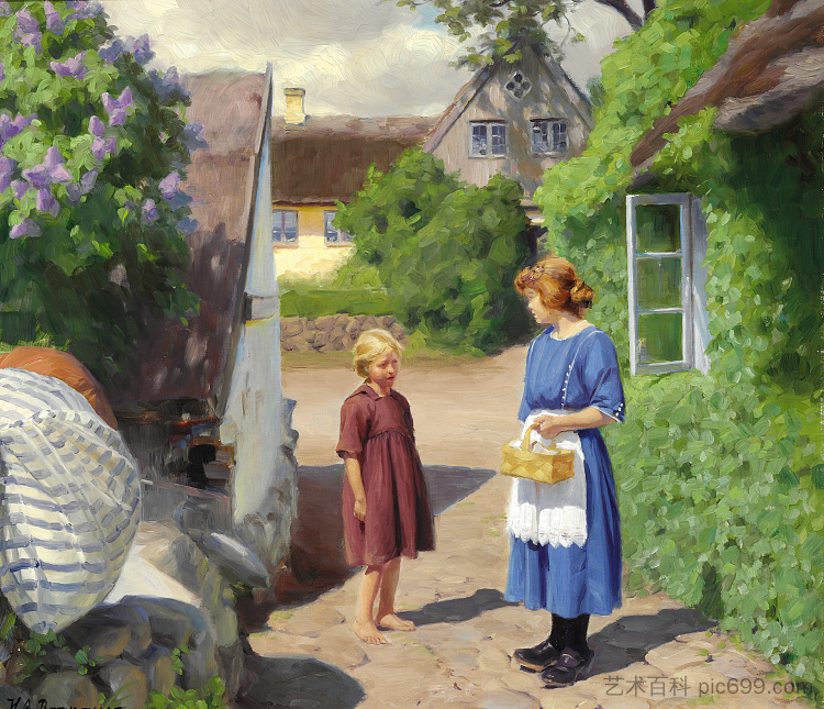 吉林厄的夏日。盛开的丁香花和村街上的小女孩 Summer Day in Jyllinge. Lilacs in Bloom and Little Girls in the Village Street (1922)，汉斯·安徒生·布伦德基尔德