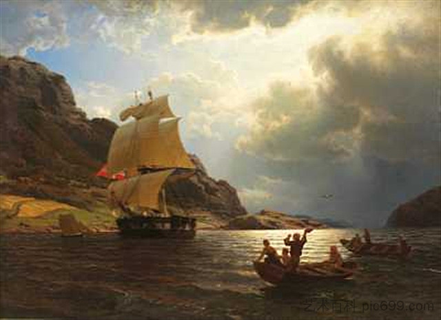 在挪威港口返回捕鲸跳过 Hjemvendende Hvalfangerskip I En Norsk Havn (1869),汉斯·古德