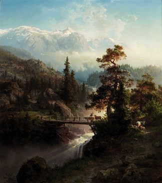 牲畜和瀑布景观 Landskap Med Buskap Og Foss (1852)，汉斯·古德