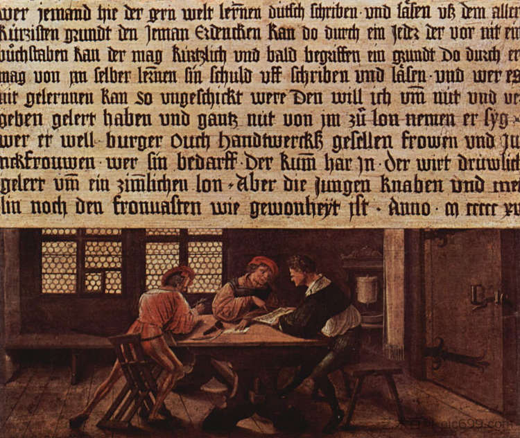 一位学校老师向文盲工人解释一封信的含义 A School Teacher Explaining the Meaning of a Letter to Illiterate Workers (1516; Germany  )，汉斯·荷尔拜因