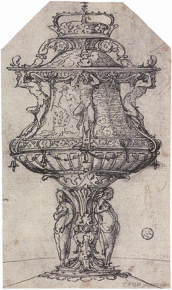 带有安妮·博林徽章的桌式喷泉设计 Design for a Table Fountain with the Badge of Anne Boleyn (1533; Germany  )，汉斯·荷尔拜因