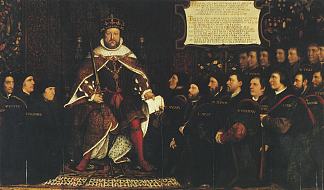 亨利八世将宪章交给托马斯·维卡里，以纪念理发师和外科医生协会的加入 Henry VIII handing over a charter to Thomas Vicary, commemorating the joining of the Barbers and Surgeons Guilds (1541; Germany                     )，汉斯·荷尔拜因