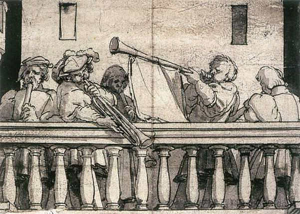 阳台上的音乐家 Musicians on a Balcony (c.1527; Germany  )，汉斯·荷尔拜因