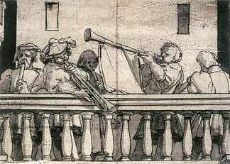 阳台上的音乐家 Musicians on a Balcony (c.1527; Germany                     )，汉斯·荷尔拜因