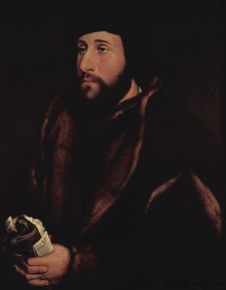 一个戴着信件和手套的男人的肖像 Portrait of a man with a letter and gloves (c.1540; Germany  )，汉斯·荷尔拜因