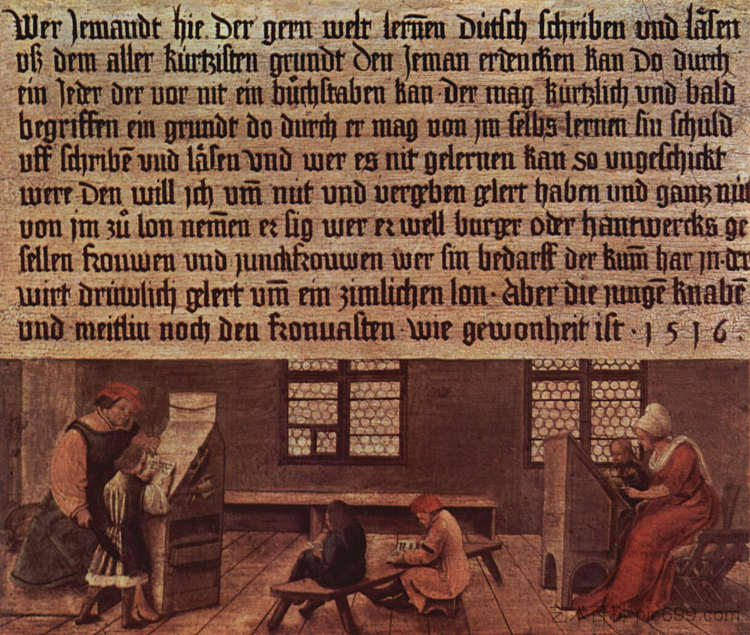 校长的原则，为孩子们教书的场景 Principles of a schoolmaster, teaching scene for children (1516; Germany  )，汉斯·荷尔拜因