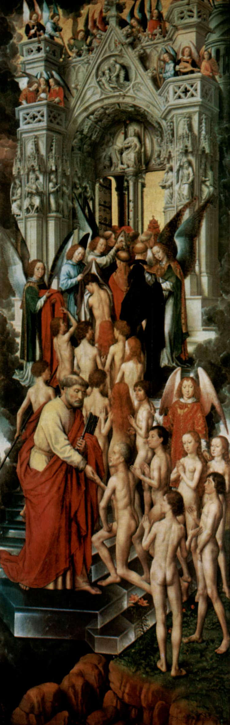 最后的审判三联画,左翼,天堂之门(天堂)与圣彼得的祝福 The Last Judgment triptych, left wing, The Blessed at the gate to heaven (Paradise) with St. Peter (c.1471),汉斯·梅姆林