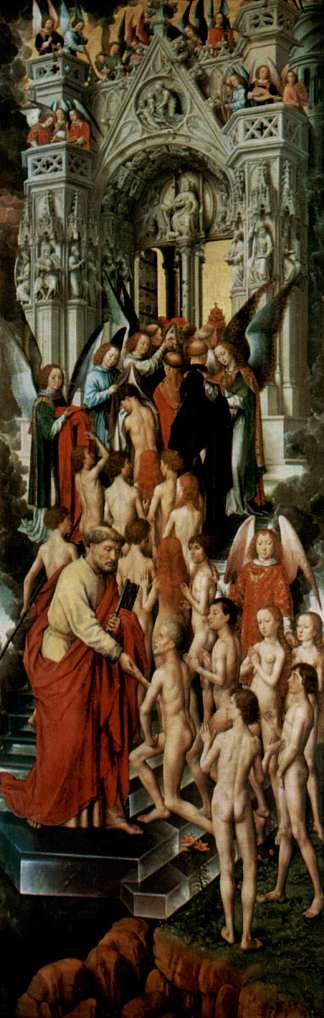 最后的审判三联画，左翼，天堂之门（天堂）与圣彼得的祝福 The Last Judgment triptych, left wing, The Blessed at the gate to heaven (Paradise) with St. Peter (c.1471)，汉斯·梅姆林