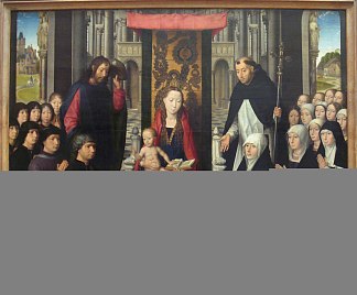 圣母子与圣詹姆斯和圣多米尼克介绍捐赠者及其家人，被称为雅克·弗洛林斯的圣母 The Virgin and Child with St. James and St. Dominic Presenting the Donors and their Family, known as the Virgin of Jacques Floreins (c.1490)，汉斯·梅姆林