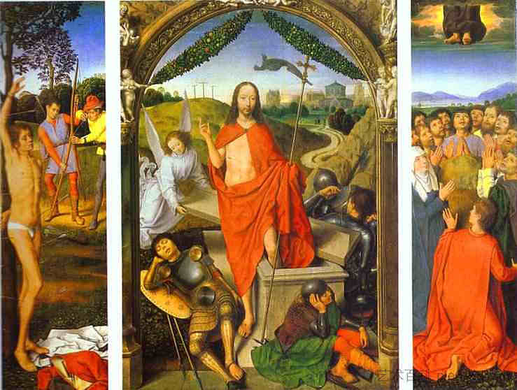复活三联画:复活(中)圣塞巴斯蒂安殉道(左)和升天(右) Triptych of the Resurrection: The Resurrection (centre) The Martyrdom of St. Sebastian (left) and The Ascension (right) (c.1485 - 1490),汉斯·梅姆林