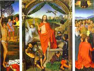 复活三联画：复活（中）圣塞巴斯蒂安殉道（左）和升天（右） Triptych of the Resurrection: The Resurrection (centre) The Martyrdom of St. Sebastian (left) and The Ascension (right) (c.1485 – 1490)，汉斯·梅姆林