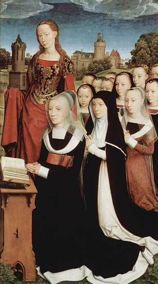 威廉·莫雷尔的三联画，右翼，创始人芭芭拉·范·弗兰德伯格，威廉·莫雷尔的妻子，女儿和圣芭芭拉 Triptych of Willem Moreel, right wing, the founder Barbara van Vlaenderbergh, wife of Willem Moreel, the daughters and the St. Barbara (1484)，汉斯·梅姆林