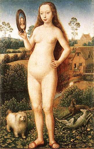 虚荣，来自尘世虚荣和神圣救赎三联画的中央面板 Vanity, central panel from the Triptych of Earthly Vanity and Divine Salvation (c.1485)，汉斯·梅姆林