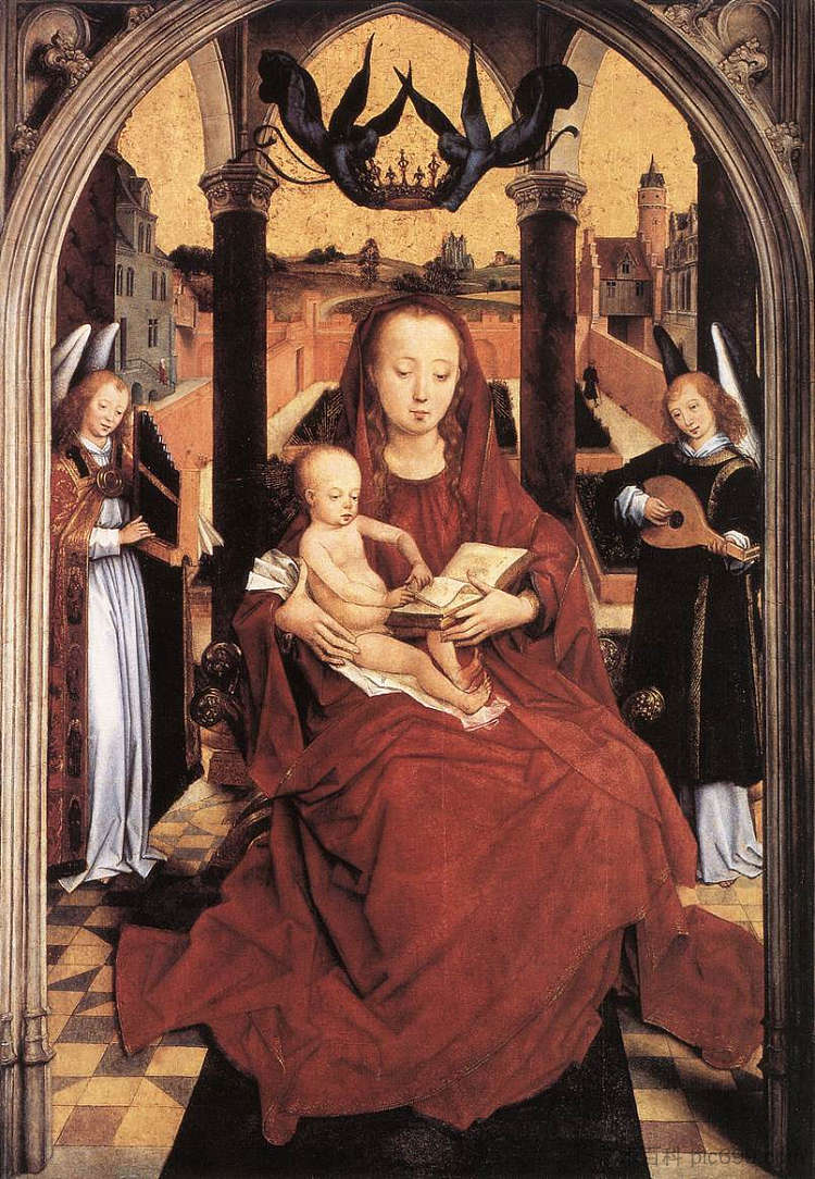 圣母子与两位音乐天使登基 Virgin and Child Enthroned with two Musical Angels (1465 - 1467)，汉斯·梅姆林