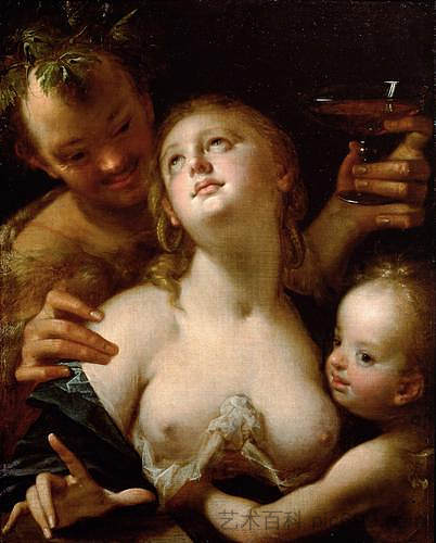 巴克斯、维纳斯和丘比特 Bacchus, Venus and Cupid (1595)，汉斯·冯·阿亨