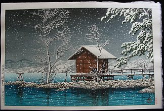 田泽湖雪中的关秀神社 Kansau Shrine in Snow at Lake Tazawa (1927)，川濑巳水