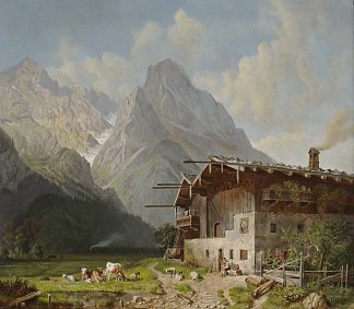 加米施前面的农场。在韦特斯坦山脉的背景中 Farm in front of Garmisch. In the background the Wetterstein Mountains，海因里希·伯克尔