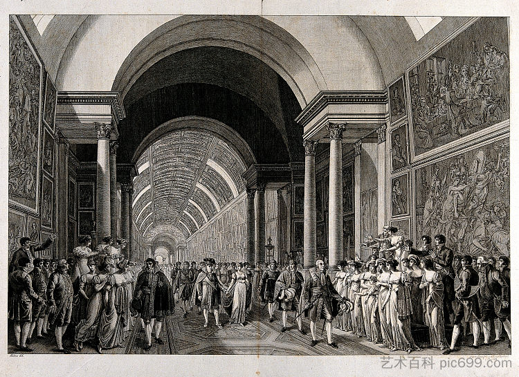 由拿破仑·波拿巴带领的节日游行穿过卢浮宫的画廊 A Festive Procession Led by Napoleon Bonaparte Through the Galleries of the Louvre (1811),海因里希·莱因霍尔德