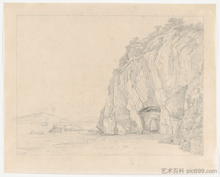 索伦托附近的石窟，远眺维苏威火山 A Grotto near Sorrento, with a Distant View of the Vesuvius (1823)，海因里希·莱因霍尔德