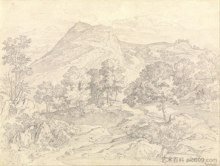 从奥莱瓦诺旁边的蛇形塔拉眺望奇维泰拉 A View of Civitella from the Serpentara next to Olevano (1821),海因里希·莱因霍尔德