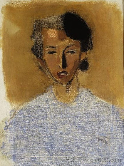 蓝色和棕色女孩的肖像（伊内兹） Portrait of a Girl in Blue and Brown (Inez) (1944)，海伦·谢夫贝克